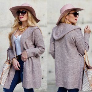 Mauve Open Front Knitted Cardigan with hoodie